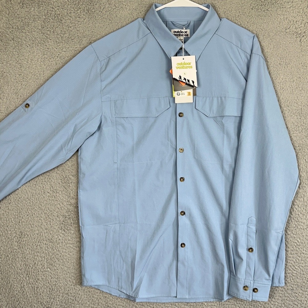 NEW Outdoor Ventures Shirt Mens Large Light Blue Ripstop Hiking Fishing Vented